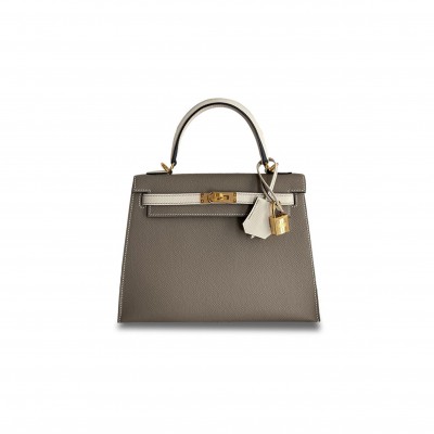 HERMÈS KELLY SELLIER 25 BICOLOR BAG IN TAUPE AND CRAIE EPSOM (25*17*7cm) 